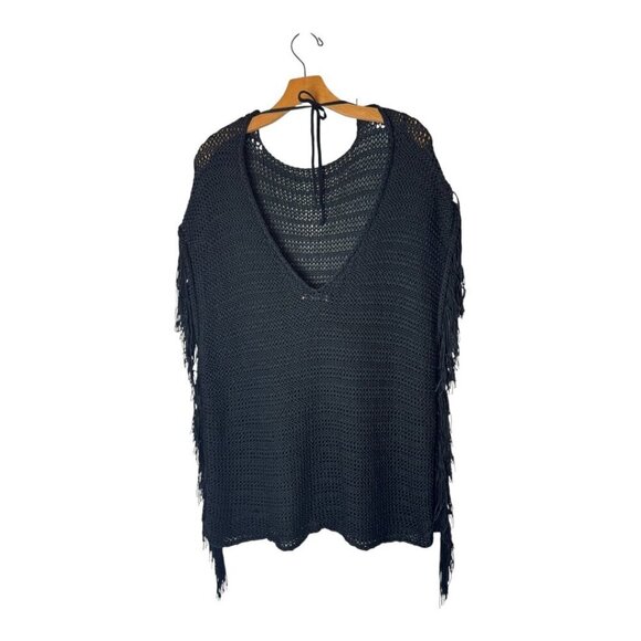 Zara Sweater Women Small Black Open Knit‎ V Back Fringe Sides Short Sleeve Tunic - Picture 2 of 12